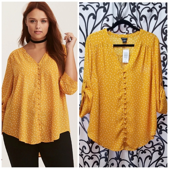 torrid Tops - TORRID Plus Chiffon Yellow Polka Dot Blouse Shirt